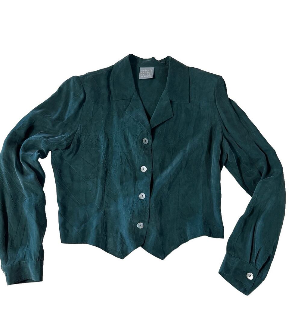 Vtg 90s Rabbit Designs Cropped Shirt Jacket Blouse Womens 8M Green Rayon USA Tie